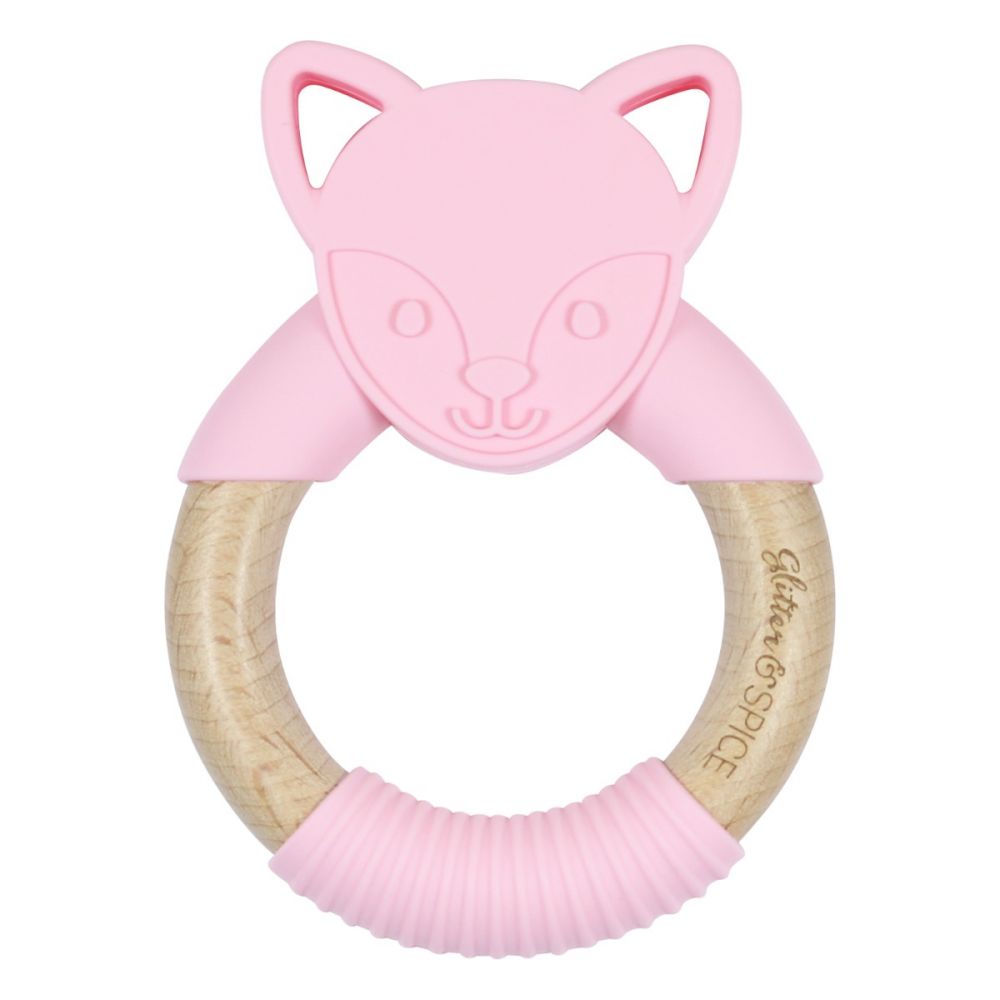 Silicone + Wood Teether - Pink Fox